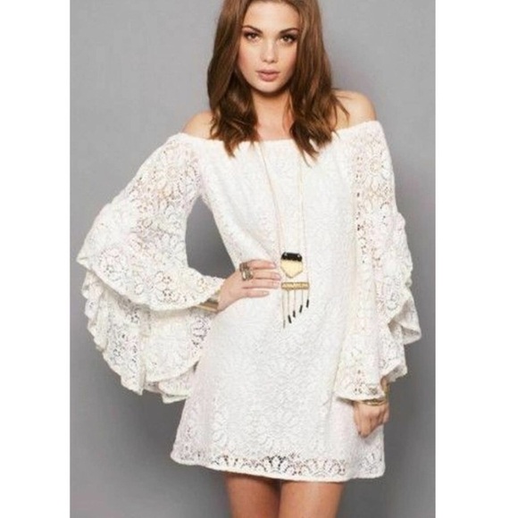 Jen's Pirate Booty Mini Dress French Lace Bardot Natural Size Medium - Picture 4 of 16